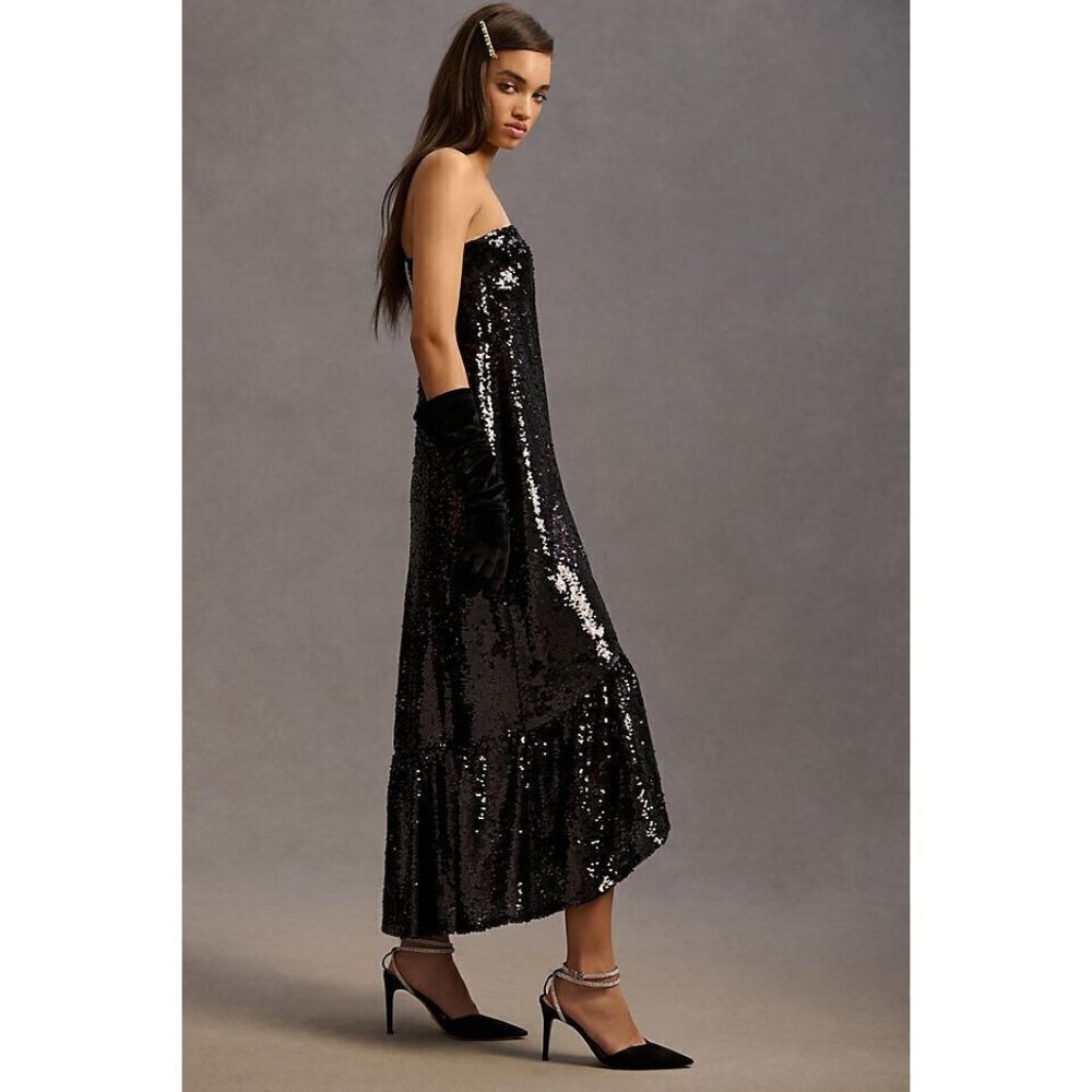 NWT Anthropologie One Shoulder Sequin Dress XXS $230 Black Cocktail Formal Maxi - Picture 2 of 10
